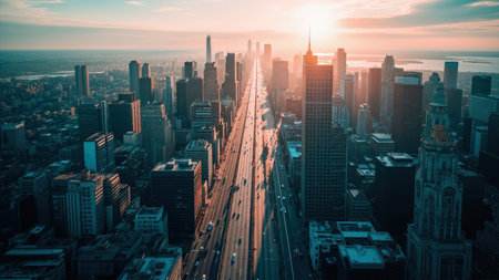 Witness a breathtaking aerial view of New York City at sunset, capturing the vibrant energy of the cityscape. Illuminated skyscrapers pierce the twilight sky, reflecting the last rays of golden hour. A busy highway weaves through the urban landscape, highlighting the city's infrastructure. This stunning image of NYC, ideal for travel brochures or tourism campaigns, offers a unique perspective of a modern metropolis, perfectly suited for showcasing business, finance, and real estate themes.の素材