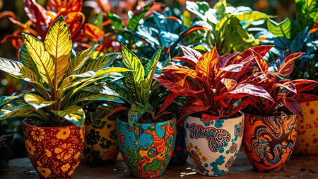 Showcasing nature's beauty and home decor, this image features vibrant potted plants with stunning, colorful foliage. The collection includes a variety of house plants in decorative, patterned pots, offering a vivid display of red, yellow, green, orange, and blue leaves. This high-quality image is perfect for interior design, gardening, and wellness-related content, providing a fresh and artistic touch to any project focused on natural beauty and healthy living.の素材
