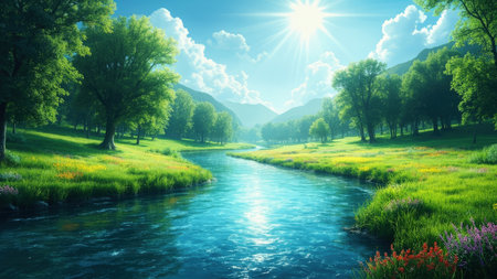 Experience the serene beauty of a sunlit river carving through a vibrant green valley. Towering trees frame the flowing water, leading the eye towards distant mountains under a sunny sky dotted with clouds. This picturesque landscape evokes peaceful feelings of tranquility, perfect for illustrating travel brochures, vacation websites, or environmental publications. Capture the essence of nature with this scenic image, showcasing the bright daylight and vibrant colors of a pristine outdoor environment.の素材