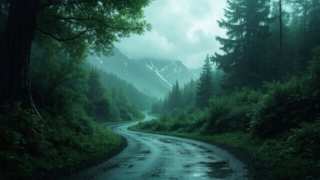 A scenic winding road carves its way through a vibrant, green forest under a rainy sky. The misty mountain landscape adds a sense of tranquility and serenity to this beautiful scene. The wet asphalt glistens, reflecting the overcast conditions. This image captures the essence of a travel journey, perfect for illustrating concepts of adventure, exploration, and the allure of the outdoors. Ideal for travel blogs, articles on nature, or any project evoking a peaceful and moody atmosphere within the wilderness.の素材