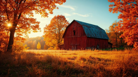 Witness the breathtaking beauty of a rustic red barn set against a vibrant display of autumn foliage during the golden hour at sunset. This scenic landscape showcases the warm sunlight illuminating colorful autumn leaves on trees and across the field. Capture the essence of a rural countryside farm scene, perfect for evoking feelings of peaceful, serene, and idyllic charm. Ideal for projects focused on nature, fall, harvest, or vintage themes.の素材
