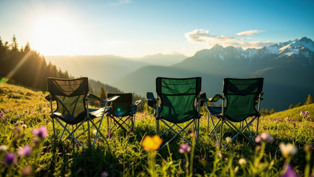 Capture the essence of adventure and relaxation with this stunning image of camping chairs perfectly positioned in a vibrant mountain landscape. Bathed in the warm glow of a setting sun, the scene features colorful wildflowers, lush green grass, and a breathtaking view of the mountain range. Ideal for travel and outdoor lifestyle marketing, this image evokes feelings of tranquility and is perfect for promoting camping, vacation getaways, and eco-tourism experiences.の素材