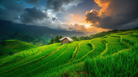 Witness the breathtaking beauty of Vietnamese rice terraces bathed in the warm glow of a sunset. This stunning landscape showcases vibrant green fields, meticulously carved into the hillsides. A charming wooden house, nestled amidst the mountains, adds a touch of rustic charm. The dramatic sky filled with clouds creates a picturesque scene of tranquility and serene nature. Perfect for travel, tourism, or agricultural publications, this image evokes the essence of rural Vietnam and its traditional farming practices. Capture the vibrant essence of Asia with this captivating image.の素材