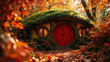 Step into a storybook scene with this enchanting image of an autumnal hobbit hole. Bathed in cozy, warm light, the whimsical hobbit house is nestled amidst vibrant fall foliage, showcasing brilliant hues of red and orange autumn leaves. The round door of the charming cottage invites you into a dreamlike fantasy world. Perfect for illustrating fairytale themes, adding a touch of magic to your designs, or evoking feelings of peaceful tranquility, this picturesque landscape offers a unique and beautiful aesthetic.の素材
