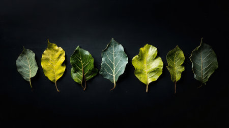 Explore the delicate beauty of nature with this striking image showcasing a diverse collection of leaves arranged in a line against a deep black background. Featuring organic textures and a minimalist aesthetic, the leaves, in varying shades of green and yellow, create a visually appealing pattern. Ideal for design element incorporation, this botanical composition evokes autumnal themes, making it perfect for decorative purposes, wellness content, and eco-friendly branding, offering a fresh and elegant touch.の素材