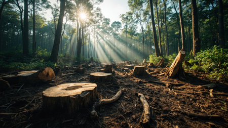 Devastating imagery captures the impact of deforestation, showcasing a once-lush forest now reduced to barren tree stumps. Sunbeams pierce through the decimated canopy, illuminating the scale of environmental destruction. This powerful image highlights environmental issues like habitat loss and the devastating consequences of logging. The photograph's message underscores the urgent need for conservation and sustainability efforts to combat climate change and protect the natural world. Ideal for illustrating articles about the logging industry and the impact of global warming.の素材