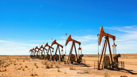 A vast desert landscape is punctuated by rows of operational oil pumpjacks, signifying energy and fossil fuel extraction. Underneath a brilliant blue sky, the image captures the industrial scale of crude oil production. This scene illustrates the intersection of technology, resources, and environment, making it ideal for projects related to energy, industry, or discussions on petroleum and mining. The photo also conveys the economic impact of fuel and power resources in an arid environment.の素材