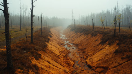 An atmospheric landscape reveals a carved drainage channel winding through a wetland setting shrouded in fog.  Dead trees stand starkly against the eerie backdrop, their barren branches adding to the desolate mood.  This image evokes feelings of autumn and decay within a rural, isolated environment. Ideal for illustrating themes of climate change, environmental issues, or adding a mysterious touch to design projects.  Showcasing the impact of erosion, this scenic view could represent a post-apocalyptic setting.の素材