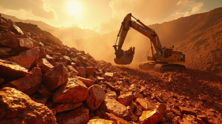 A powerful excavator diligently works within a vast quarry, a hub of mining activity. Bathed in the warm golden hour sunlight, the scene captures the rugged beauty of the landscape, dominated by mountains and rocks. This image highlights the scale of construction and earthmoving projects, showcasing heavy equipment in its element. It's ideal for illustrating industrial processes, engineering concepts, and excavation techniques within the environment. The dusty atmosphere adds to the dramatic scene.の素材