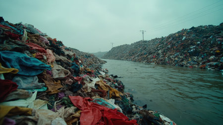 A dramatic image depicts a vast landfill overflowing with waste, specifically textile waste, highlighting the detrimental environmental impact. This photograph powerfully illustrates the devastating consequences of clothing waste and discarded clothes polluting the environment, focusing on water pollution in a river caused by the dumping. The dark, gloomy atmosphere of the overcast day emphasizes the environmental degradation and signals a climate change crisis, making this image valuable for raising awareness on environmental issues. It is ideal for illustrating articles on global warming and unsustainable practices.の素材