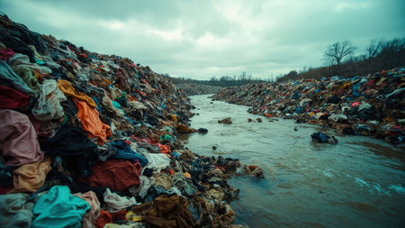 An environmental disaster unfolds in this image, illustrating the devastating impact of textile waste pollution. Rivers and landfills overflow with discarded clothing waste, vividly depicting the consequences of fast fashion and consumerism. The scene portrays a critical environmental problem, highlighting environmental damage caused by improper waste management. This powerful visual is ideal for illustrating articles and presentations on sustainability, climate change, and the crisis facing our environment due to discarded textiles.の素材