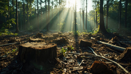 Sunlight dramatically pierces through a heavily deforested area, highlighting the devastating impact of excessive logging. The image showcases the destruction with stark visuals of tree stumps and exposed earth, emphasizing the vulnerability of the forest ecosystem. This impactful scene powerfully conveys the consequences of deforestation, climate change, and environmental damage. Ideal for illustrating articles, reports, and campaigns focusing on conservation, environmental awareness, and sustainable practices, this image is a poignant depiction of nature's fragility and the need for responsible stewardship of our planet.の素材