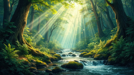 Experience the serene beauty of a sun-dappled forest scene. This captivating image showcases a winding river flowing through a vibrant landscape of lush greenery. Sunlight streams through the canopy, illuminating the trees, moss, and rocks along the water's edge. The flowing water creates a peaceful and tranquil atmosphere. Ideal for evoking feelings of calm and natural beauty in travel blogs, environmental campaigns, or nature-themed projects, this image captures the essence of an untouched wilderness.の素材