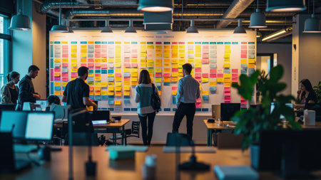 A collaborative team engages in an agile project management review within a modern office setting. They are actively analyzing workflow and management strategies using sticky notes on a whiteboard. This image captures a dynamic brainstorming meeting focused on planning, problem-solving, and innovation. Ideal for illustrating teamwork, agile methodologies, kanban boards, or presentations about business strategy, communication, and process development.の素材