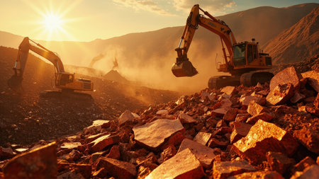 Witness the raw power of industry in this captivating image. Heavy excavators dominate a vast mining operation, diligently working within a stone quarry. A breathtaking sunset casts sun rays across the dusty landscape, illuminating the heavy machinery and boulders. This striking scene perfectly captures construction and earthmoving endeavors, ideal for illustrating industrial projects, resource management, or engineering concepts. The dramatic lighting emphasizes the open pit extraction process and outdoor working conditions, suitable for websites, presentations, or marketing materials focused on mining, construction, and development.の素材