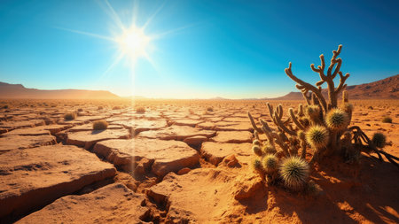 Vast arid desert landscape stretches under a brilliant blue sky, showcasing the harsh realities of a drought-stricken environment. Cracked earth and resilient desert cacti dominate the foreground, highlighting the struggle for survival in extreme conditions. This photograph captures the intensity of the sun and heat, offering a visual representation of climate change and its impact. Perfect for illustrating articles on global warming, environmental issues, travel, or themes of resilience in a dry, parched ecosystem.の素材