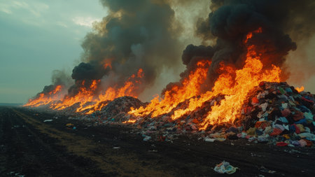 A dramatic scene captures a burning waste landfill, engulfed in flames and a thick toxic smoke cloud. This image vividly illustrates the severe environmental pollution caused by burning waste, highlighting the hazards of improper waste disposal. Keywords like landfill fire, ecological damage, and air quality concerns emphasize the environmental disaster depicted. Perfect for illustrating articles on global warming, climate change, and the impact of incineration on the unhealthy environment.の素材