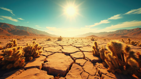 Experience the stark beauty of a sun-drenched desert landscape, where cracked earth stretches toward distant mountains under a vibrant blue sky. This arid scene, dominated by the intense heat and the presence of cactus, evokes the feeling of a severe drought. A panorama of the wilderness, showcasing a barren and desolate environment, highlighting climate change impacts, global warming, and the dramatic consequences of a dry ecosystem. Ideal for illustrating travel destinations, environmental concerns, or conveying themes of extreme conditions.の素材