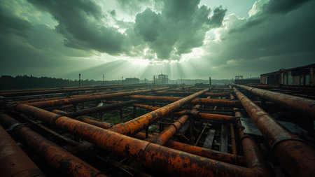 Dramatic atmospheric conditions highlight a scene of rusted and abandoned industrial pipes against a backdrop of a cloudy sky pierced by god rays. This evocative image captures the decay of old factory infrastructure, conveying themes of environmental impact and the passage of time. The desaturated color palette and weathered textures emphasize the grunge aesthetic. Ideal for projects exploring industrial themes, pollution, deterioration, or post-apocalyptic concepts, this photograph offers a unique perspective on abandoned industry.の素材