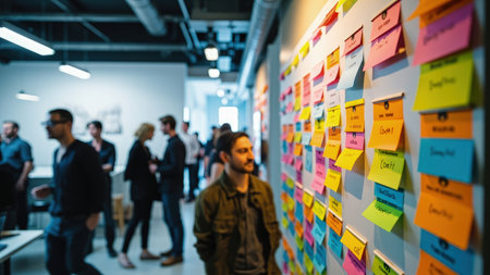 A dynamic brainstorming session unfolds in a modern office environment. The vibrant sticky notes, plastered across a wall, burst with ideas and planning strategies. A diverse team of professionals collaborates, fueled by creative energy and a focus on project management. This image perfectly captures the essence of teamwork, innovation, and agile business practices. Ideal for illustrating strategy, organization, and visual communication in marketing materials and presentations.の素材