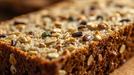 Indulge in a close-up, detailed view of a freshly baked slice of homemade bread, generously adorned with a vibrant mix of seeds and nuts. This macro shot emphasizes the crunchy texture and inviting rustic aesthetic. The image features a medley of wholesome ingredients like sunflower seeds, pumpkin seeds, oats, and linseed, evoking the essence of healthy breakfast and gourmet delights. Perfect for culinary blogs, bakery websites, or illustrating the appeal of vegan or whole grain diets.の素材
