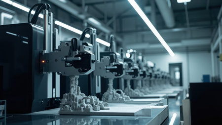 A modern 3D printing factory showcases the future of manufacturing. This image features numerous industrial 3D printers in operation, utilizing additive manufacturing to produce intricate prototyping and architectural model designs. The automated and advanced equipment highlights innovative technology in action. Ideal for illustrating design, construction, engineering, and digital fabrication projects. This production scene, with its blue tone palette, offers a glimpse into a futuristic workplace and the process of rapid prototyping.の素材