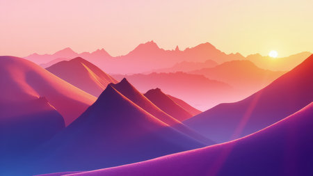 This vibrant abstract landscape presents a breathtaking sunrise scene over silhouetted mountains. Dominated by a stunning gradient of purple, orange, and pink hues, the image captures the ethereal beauty of dawn. This scenic and artistic design is perfect for use as a modern wallpaper, background, or graphic design element. The minimalist, geometric aesthetic and tranquil atmosphere of the digital art illustration offers a sense of serenity and peace, ideal for creative projects.の素材