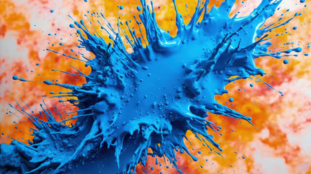 A vibrant blue paint splatter explodes against a striking orange and white background in this dynamic abstract artwork. The high-energy composition showcases a vivid splash of color and texture, ideal for creative designs. This artistic and modern illustration evokes movement and action, perfect for use as a wallpaper, poster, or cover. Incorporate this eye-catching design into your projects to add a colorful, contemporary flair, offering a fresh and bright aesthetic.の素材