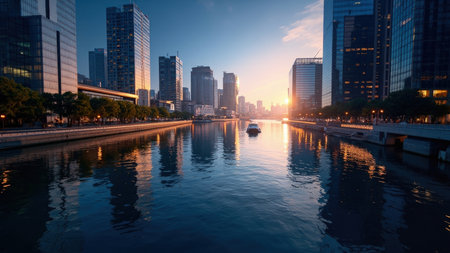 Witness a breathtaking sunrise over a vibrant cityscape. Modern skyscrapers pierce the sky, their sleek architecture reflecting in the tranquil river below. The warm golden hour light illuminates the buildings and surrounding metropolis, creating a stunning reflection on the water. Ideal for travel and tourism marketing, real estate, and illustrating urban development, this image showcases a panoramic view of commercial areas and the financial district. It embodies peace and prosperity in a dynamic environment.の素材