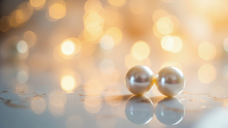 Exquisite close-up captures two lustrous pearls, showcasing their inherent luxury and elegance. Delicate bokeh lights dance across the smooth surface, creating a visually stunning backdrop of golden and cream hues. The shiny pearls exhibit a soft reflection, highlighting their inherent beauty and glamour. Ideal for use in jewelry advertising, fashion editorials, or adding a touch of refined sophistication to wedding and event promotions. This image is perfect for those seeking a precious and glamorous visual experience.の素材