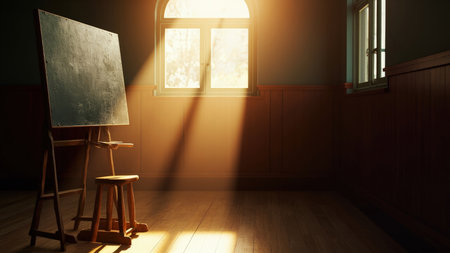 An inviting artistic studio space is bathed in warm sunlight streaming through a large window. The interior features a wooden easel, a stool, and the play of light and shadows across the empty room. The vintage aesthetic of this workspace creates a sense of creative potential. This image is perfect for design projects, representing inspiration, education, and illustrating a calm atmosphere for drawing or painting projects. The blank chalkboard offers a clean space for concepts.の素材