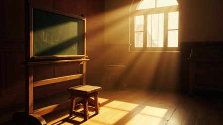 Step back in time with this evocative image of a vintage classroom interior. Sunlight streams through an arched window, casting sunbeams across the blackboard and illuminating the aged wooden furniture. This nostalgic scene offers a peaceful and quiet atmosphere, perfect for projects focused on education, school, or historical themes. The empty space and classic design evoke a sense of retro style and invites reflection on the history of learning. Use this image to capture the essence of a traditional classroom environment.の素材