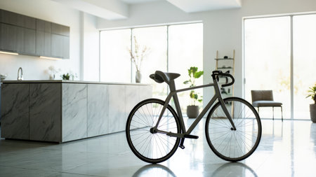 A modern bicycle leans casually against a pristine white kitchen island, showcasing a sophisticated blend of interior design and functionality. Bathed in natural light streaming through large windows, the scene highlights a modern and minimalist aesthetic. The image captures a sense of urban lifestyle and healthy living, ideal for projects related to home decor, apartment living, or cycling culture. The sleek design of the bike, with its clean lines, complements the contemporary architecture of the kitchen, including white marble surfaces. Perfect for illustrating themes of fitness, exercise, and active...の素材