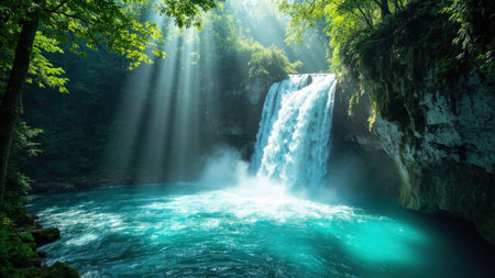 Witness the breathtaking beauty of a waterfall dramatically cascading into a vibrant turquoise river, a scenic oasis in a peaceful forest. Bathed in sunlight beams, this natural landscape offers a tranquil escape amidst lush greenery and towering trees. The flowing water and clean air create an idyllic scene, perfect for travel and tourism promotions. This picturesque image is ideal for showcasing the beauty of nature, promoting eco-tourism, or providing a scenic view for any project needing a touch of serenity and adventure.の素材