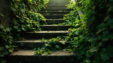 Ascend into a world of mystery with this captivating image of an ancient stone staircase engulfed by vibrant green foliage. The old, weathered steps, covered in ivy and lush plants, lead to an unknown destination, creating a sense of mystery and exploration. Bathed in sunlight, the vertical shot captures the tranquil beauty of this abandoned yet enchanting garden scene. Ideal for travel, architecture, or fantasy-themed projects, this image evokes a feeling of serenity and discovery along a hidden pathway through nature.の素材