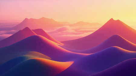 Dreamlike rolling hills and majestic mountains dominate this vibrant abstract landscape, rendered in warm orange and pink hues reminiscent of a stunning sunrise or sunset. The surreal scene features a gradient sky filled with soft clouds, creating a peaceful and serene atmosphere. Perfect as a modern wallpaper, background, or digital art print, this design is ideal for travel promotions, artistic projects, or any application needing a colorful, aesthetic, and eye-catching visual. Keywords include abstract landscape, mountains, and vibrant colors.の素材