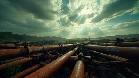 A dramatic sky casts rays of sunlight upon a landscape of severely rusty industrial pipelines, vividly illustrating corrosion. The image captures the weathered metal and decay of abandoned infrastructure, highlighting environmental concerns within the oil and gas industry. This powerful depiction of pollution and waste serves as a visual metaphor for climate change and its impact on nature. Ideal for illustrating articles on sustainability, energy, or the effects of global warming.の素材