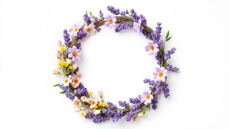 A vibrant, circular floral wreath adorns a pristine white background, showcasing a stunning arrangement of lavender and colorful flowers. This elegant design incorporates delicate blooms like daisies and wildflowers, perfect for spring and summer celebrations. Ideal for wedding invitations, greeting cards, or Easter and Mother's Day designs, this image offers a romantic and natural aesthetic, with ample copy space for text. Its handmade quality and top view composition lend a touch of sophistication.の素材