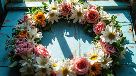A vibrant and elegant floral wreath, artfully arranged with roses, daisies, and other fresh flowers, rests gracefully on a rustic blue wooden surface. Bathed in warm sunlight, this closeup, top-view composition showcases the natural beauty of the botanical elements. Perfect for summer or spring-themed designs, this handcrafted wreath is ideal for greeting cards, wedding invitations, or any project needing a touch of romantic, colorful floral decoration.の素材