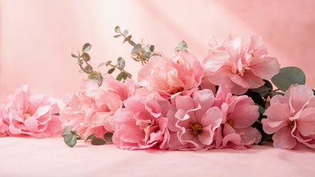 A beautiful bouquet of delicate pastel pink camellia flowers and fresh eucalyptus leaves sits gracefully against a soft pink background. This stunning floral arrangement evokes feelings of romance, beauty, and elegance. Perfect for adding a touch of spring to your designs, this image is ideal for wedding invitations, birthday greetings, or feminine aesthetic wallpapers. Its vibrant color and natural composition make it a valuable asset for various creative projects.の素材