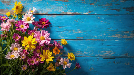 A vibrant display of daisies and other summer flowers bursts against a charming turquoise wood background. The colorful and bright floral arrangement showcases a variety of blooms, creating a rustic and vintage aesthetic. The weathered wood adds texture and depth, making this horizontal composition ideal for design projects. Perfect for greeting cards, invitations, website backgrounds, or any project needing a fresh and cheerful seasonal touch, this image evokes the beauty of nature.の素材