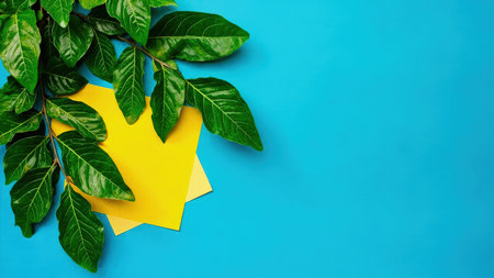 A vibrant display of fresh, green leaves and a contrasting yellow paper element are arranged against a bright blue backdrop, creating a visually striking composition. This image offers ample copy space and a clean, minimalist aesthetic, perfect for a range of creative design projects. Ideal for backgrounds, templates, or presentations, the combination of natural elements and a bold color palette provides a fresh and modern look. Its organic and botanical qualities make it suitable for themes related to eco-friendliness, wellness, and healthy living.の素材