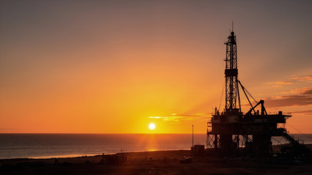 A breathtaking silhouette of an offshore oil rig dominates the frame as the sun dips below the horizon, painting the sky with golden hues. Calm ocean waters reflect the sunset, creating a serene landscape. This dramatic image captures the essence of energy extraction, the offshore drilling industry, and the beauty of nature. Ideal for illustrating articles on petroleum resources, engineering feats, or environmental topics, this photograph evokes feelings of tranquility and dusk.の素材