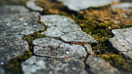 Explore the intricate beauty of a weathered stone pathway captured in this striking close-up. The cracked stone texture is overlaid with vibrant greenery and moss, revealing the raw power of nature. This detailed image highlights the rough and aged surface, offering an abstract pattern of cracks and decay. Perfect for illustrating outdoor scenes, environmental concepts, and themes of aging and resilience, this image provides a unique perspective on the natural world.の素材