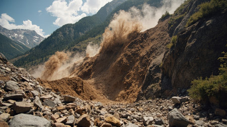 Witness the raw power of a mudflow as it violently cascades down a mountain slope, a stark display of nature's erosion processes. This dramatic image captures a geological event, a landslide turning into a devastating debris flow, highlighting the inherent danger of such natural disasters. Featuring a remote landscape with clouds overhead, this photograph is ideal for illustrating earth science concepts, articles on climate change impacts, or reports detailing environmental hazards and risk assessments.の素材