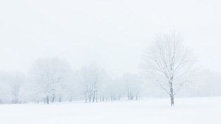 Experience the serene beauty of a winter wonderland in this captivating image. Snow-laden trees stand majestically against a pristine white sky, overlooking an expansive open field. The cold weather creates a frosty and icy ambiance, highlighting the natural landscape. Perfect for evoking feelings of peaceful tranquility and calm, this winter scene is ideal for projects seeking to capture the season's scenic allure, from travel brochures to holiday-themed advertising.の素材