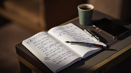 A close-up composition features a notebook with elegant handwriting alongside a fountain pen, coffee cup, and a workspace arrangement. This image beautifully captures the essence of writing and journaling, symbolizing inspiration and productivity. Ideal for visual content related to business, planning, or creative pursuits, this image evokes a sense of luxury and sophistication. Perfect for articles on education, literature, or lifestyle, the image is well-suited for promoting ideas, communication, and the joys of the writing workflow on a desk or table.の素材