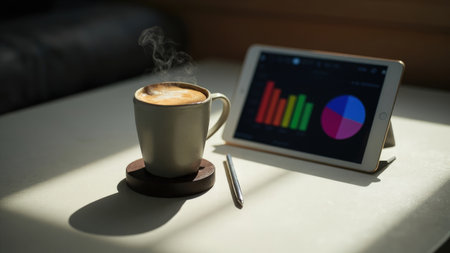 Enjoy a revitalizing coffee break at a modern workplace. This still life composition features a steaming cappuccino, a digital tablet displaying financial charts and graphs, and a pen resting on a wooden coaster. Bathed in sunlight and shadows, the image evokes a sense of productivity and relaxation. Perfect for illustrating business analysis, finance reports, investment strategies, or contemporary office lifestyle themes. This image is ideal for content related to planning, strategy, and productivity.の素材