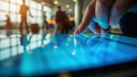 A close-up shot captures a person's hand interacting with a modern digital tablet indoors. The touchscreen displays an interface, likely for browsing or accessing online information. The blurred background of an airport terminal suggests travel and business applications. This image showcases the technology and communication capabilities of the tablet device in a contemporary setting. Ideal for illustrating mobility, connectivity, and digital access in articles, websites, and presentations related to business, travel, or technology.の素材
