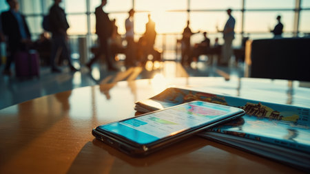 A close-up captures a smartphone and travel magazine resting on a table within an airport departure lounge. Bathed in sunlight streaming through a window, the scene hints at travel planning, connectivity, and digital information. This image portrays modern technology, like the mobile phone, integrated with the traditional aspects of tourism, such as maps and magazines. Ideal for illustrating travel blogs, business travel concepts, or applications related to flight information, destination guides, or social media connectivity, it evokes the essence of a contemporary travel lifestyle.の素材